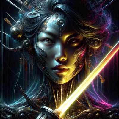 The primary subject of the image is a woman with a sword. She is wearing a futuristic outfit and has a sword in her hand. The setting is a futuristic environment, possibly a space station or a high-tech city. The visual style is digital art, as the woman is depicted in a detailed and intricate manner. The colors and mood of the image are dark and mysterious, with the woman's outfit and the futuristic setting contributing to the overall atmosphere.